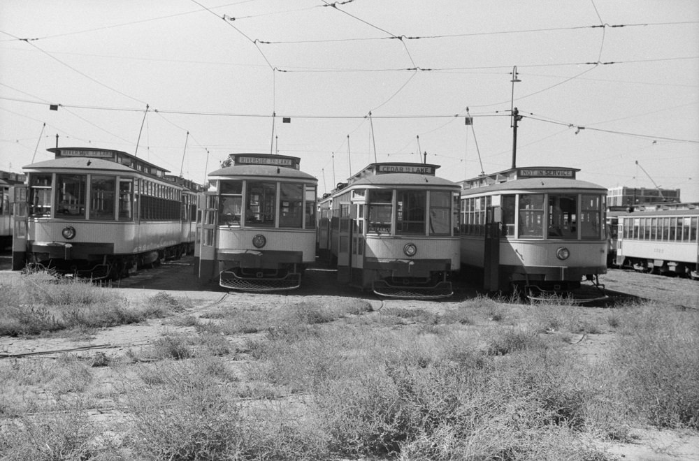 Streetcars in car yard, Minneapolis, 1930s.