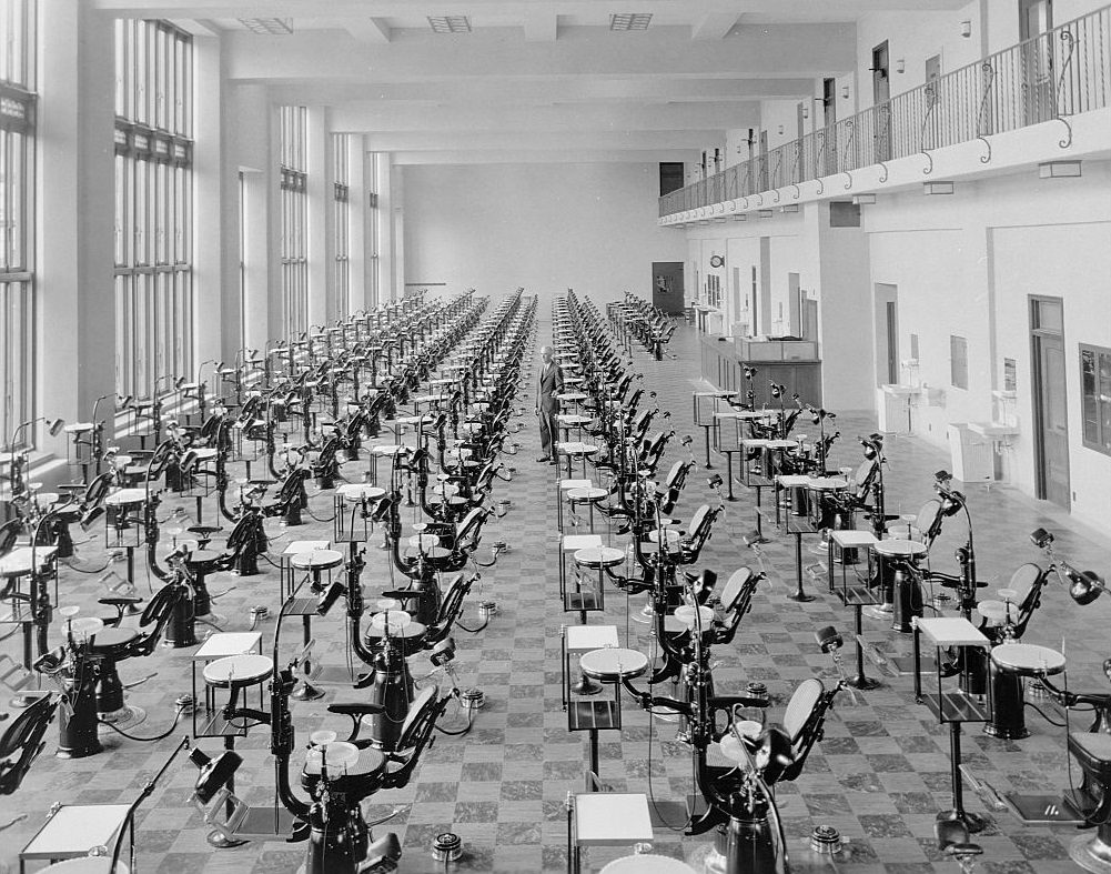 Rows of chairs at the School of Dentistry at the University of Minnesota, 1930.
