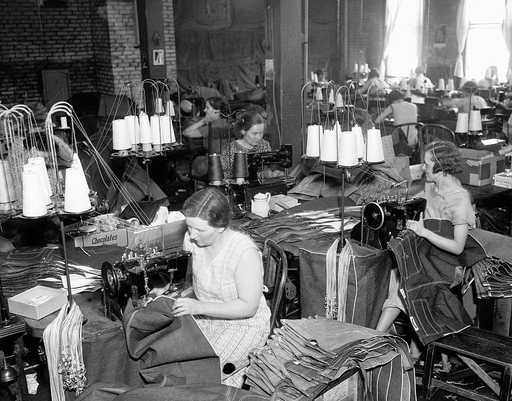 Women sew denim overalls in the Lee Work Clothes factory in Minneapolis, 1935.