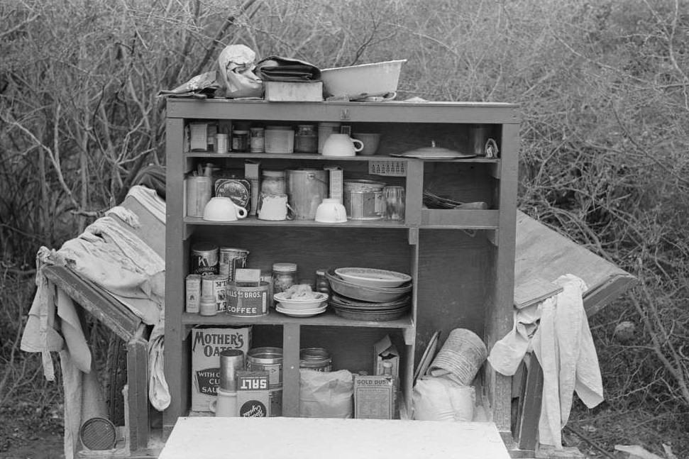 Detail of kitchen cabinet on trailer of white migrant near Harlingen, Texas, February 1939.