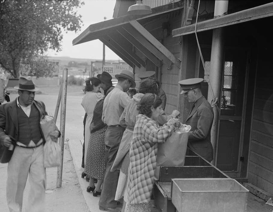 Plant quarantine inspectors examining packages brought over the bridge between Juarez, Mexico and El Paso, Texas.