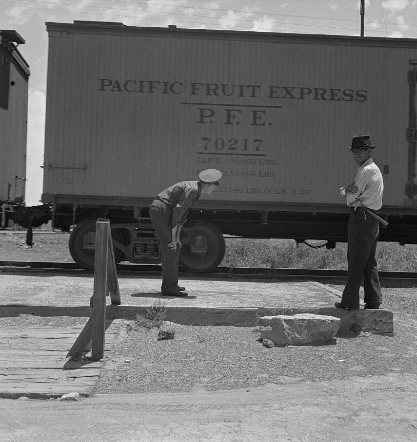 Inspecting a freight train from Mexico for smuggled immigrants. El Paso, Texas, June 1938