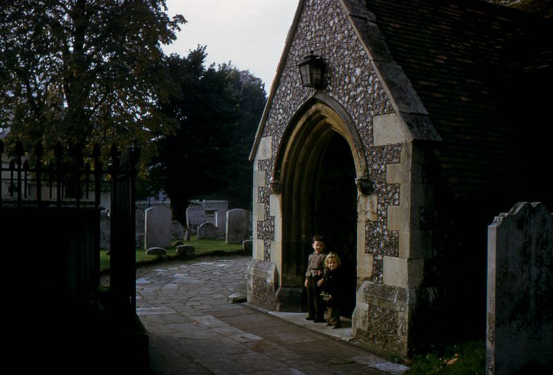 Children outside unidentified church in England