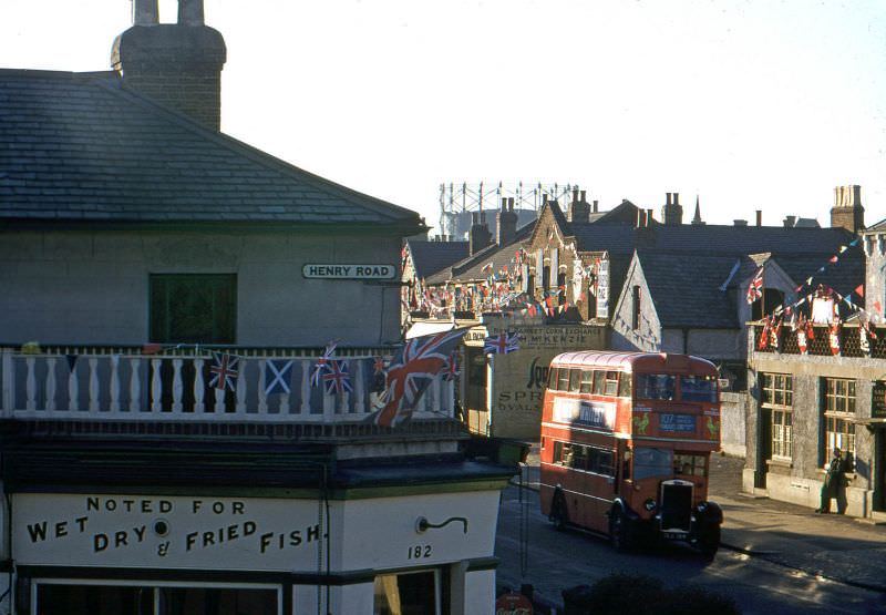 East Barnet Road and Henry Road, with Coronation decorations, London