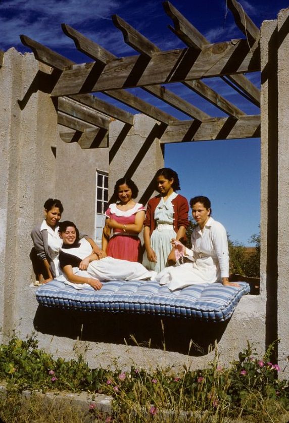 Nurse aides airing mattress at Cuauhtemoc regional hospital, 1950s