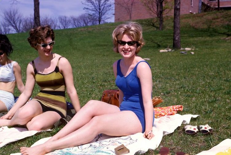 Girls catching some rays at UMKC, Kansas City, May 1964