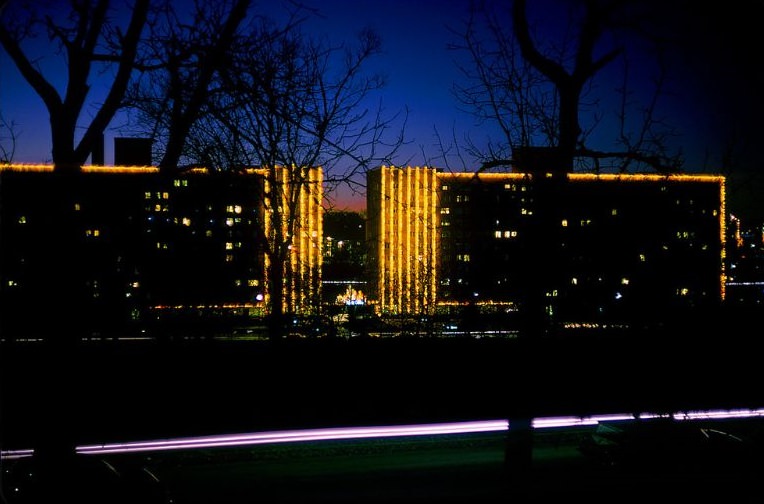 Oak Street Apartments Christmas lights from the back of the dorm at UMKC, Kansas City, December 1964
