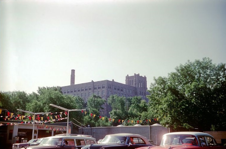 Paseo High School from Volker Blvd and The Paseo, Kansas City, July 1961