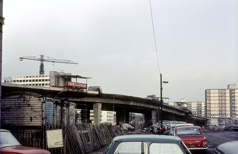 The elevated section of the Mancunian Way under construction in 1966.