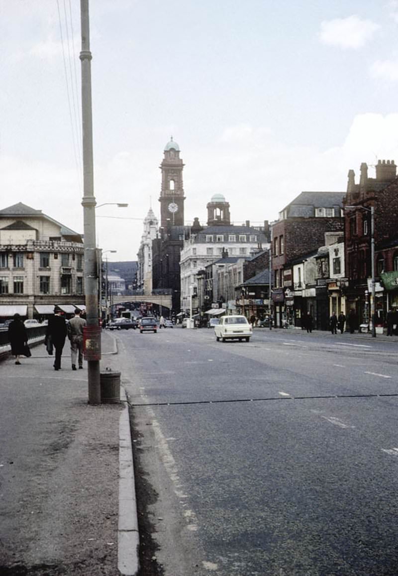 View looking north along Oxford Road at All Saints, Manchester, 1966.