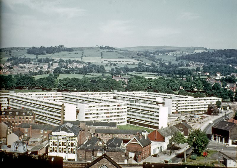 View over the the Victoria Park housing estate in Macclesfield, around 1968.