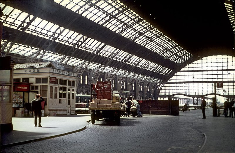 View of the train shed from the goods entrance at Manchester Central Station in the mid-1960s.