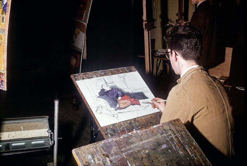 The woodworking workshop at the Manchester College of Art and Design in April 1968.