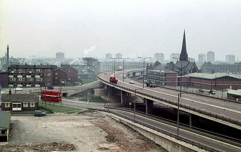 The elevated section of the Mancunian Way and adjoining slip road at All Saints, 1968.