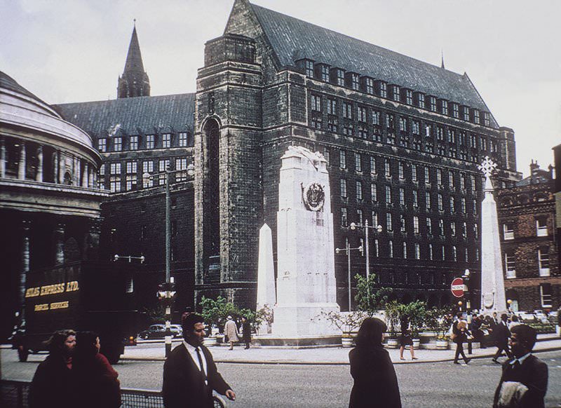 View across St Peters' Square to the Cenotaph, Library and Town Hall Extension, 1965.