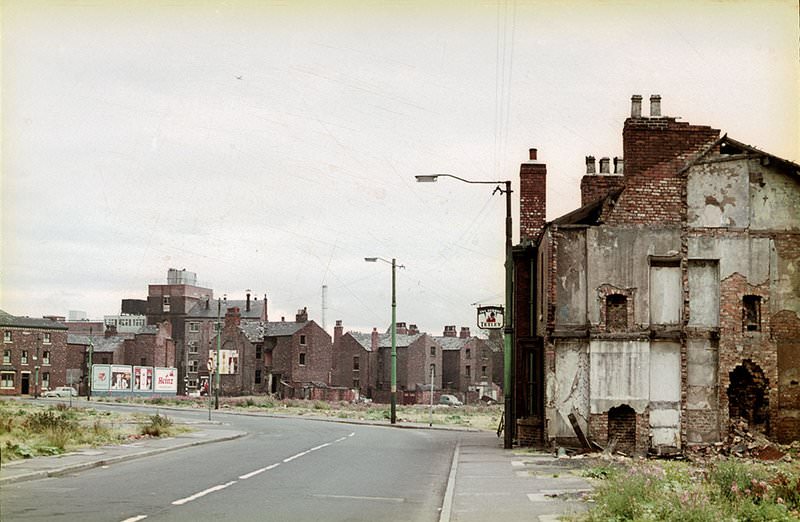 View of Radnor Street, Hulme, looking south-east around 1967 shortly before the redevelopment of the area.
