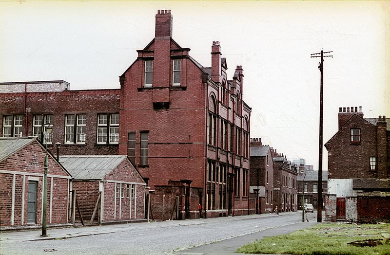Crowborough Street from the junction with Greenhill Street, showing the rear of the Webster Street School, around 1967.