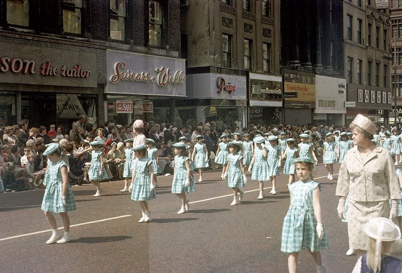 Manchester Whit Walk, 1966 Whit Walk procession along Market Street.