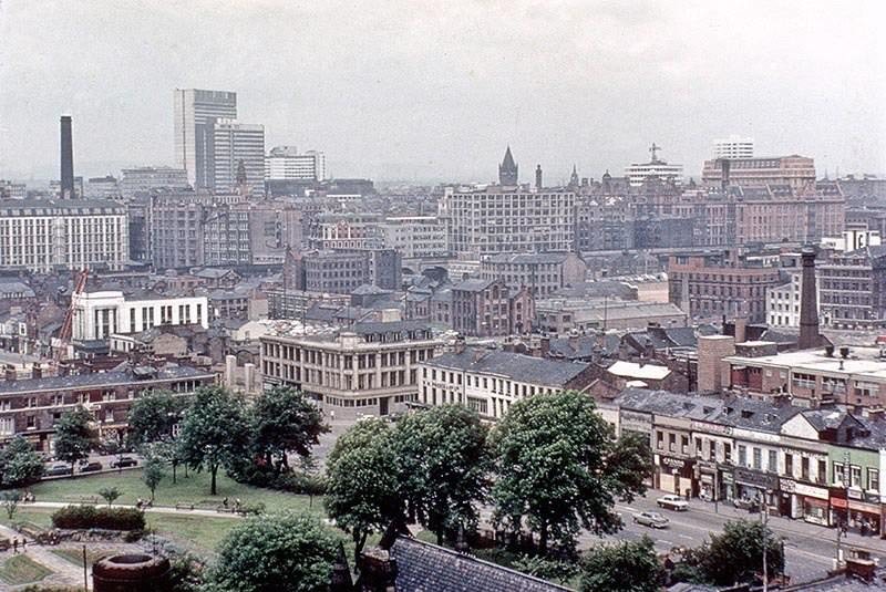 View towards Manchester city centre with Grosvenor Square and Oxford Road in the foreground, September 1965.
