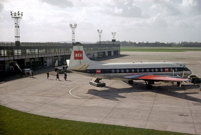 A British European Airways (BEA) plane on the apron at Ringway (Manchester) Airport in 1964.