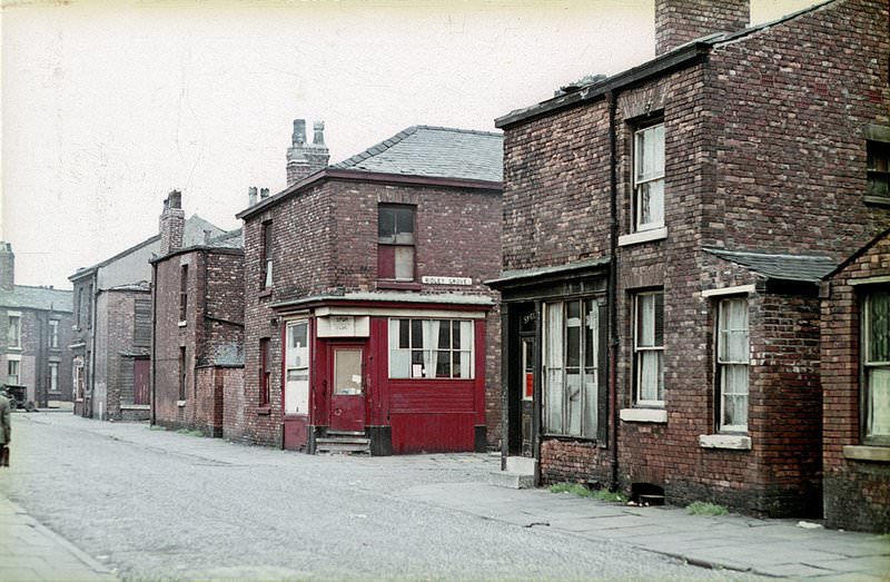 Crowborough Street near the junction with Ridley Grove, in the Hulme/Greenheys district of Manchester, 1967.