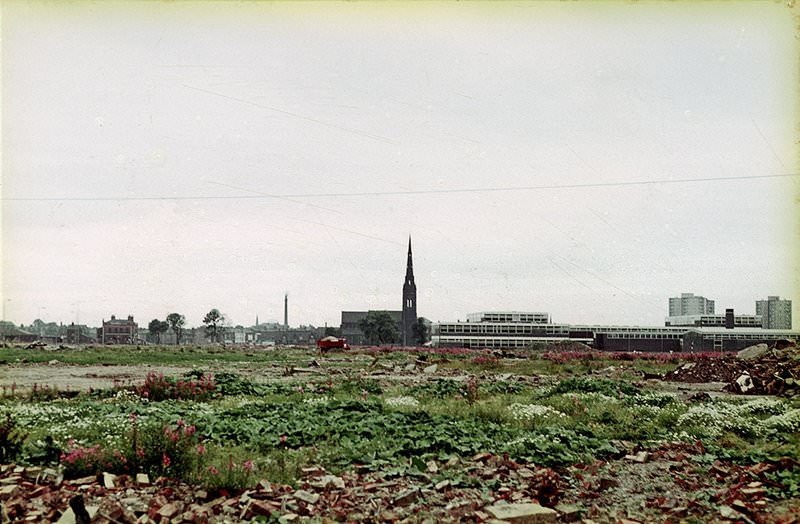 View over Hulme looking south west towards St Mary's church around 1967.