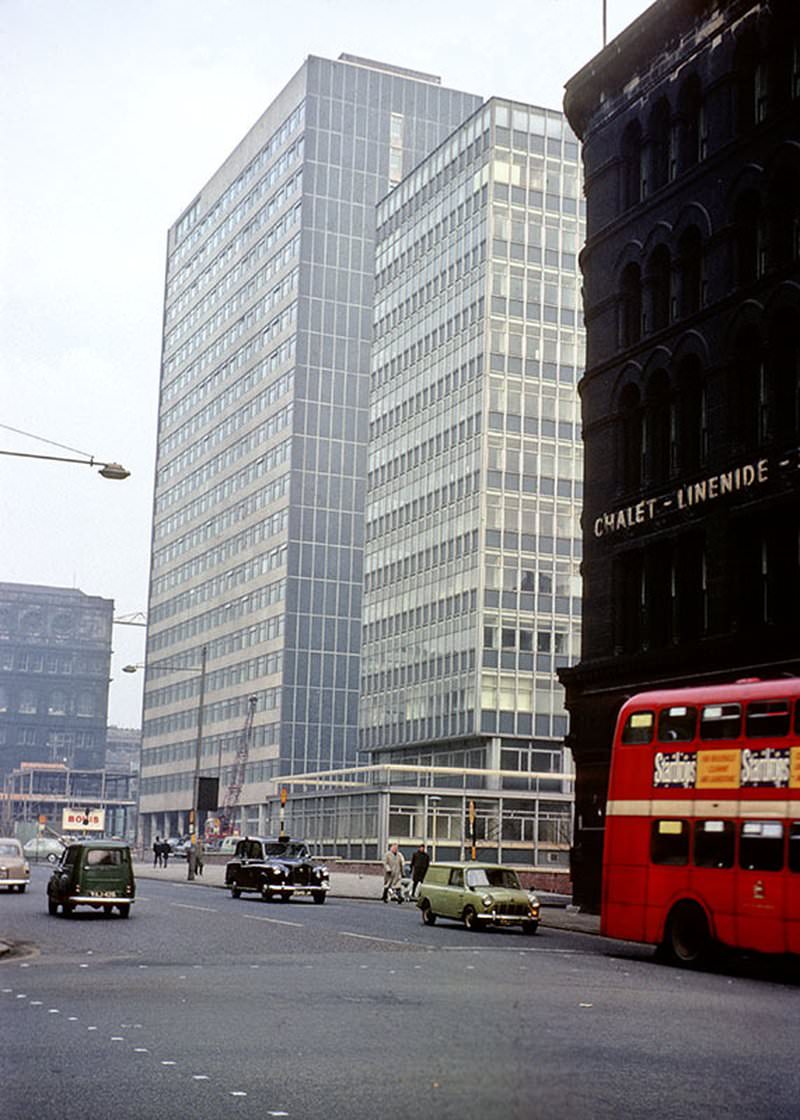 St Andrew's House (left) and Telephone House (centre), two newly built office blocks on the south-east side of Portland Street in 1963.