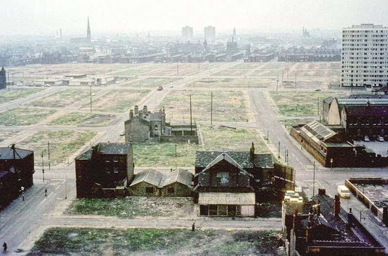 View across Hulme showing areas cleared for redevelopment, 1966.