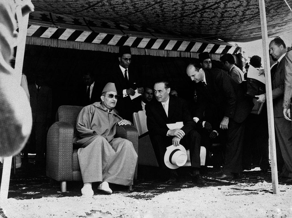 Director of ENI (National Hydrocarbons Authority) Enrico Mattei and the King of Morocco Mohammed V attending the laying of the foundation stone of the refinery Mohammedia, 1960.