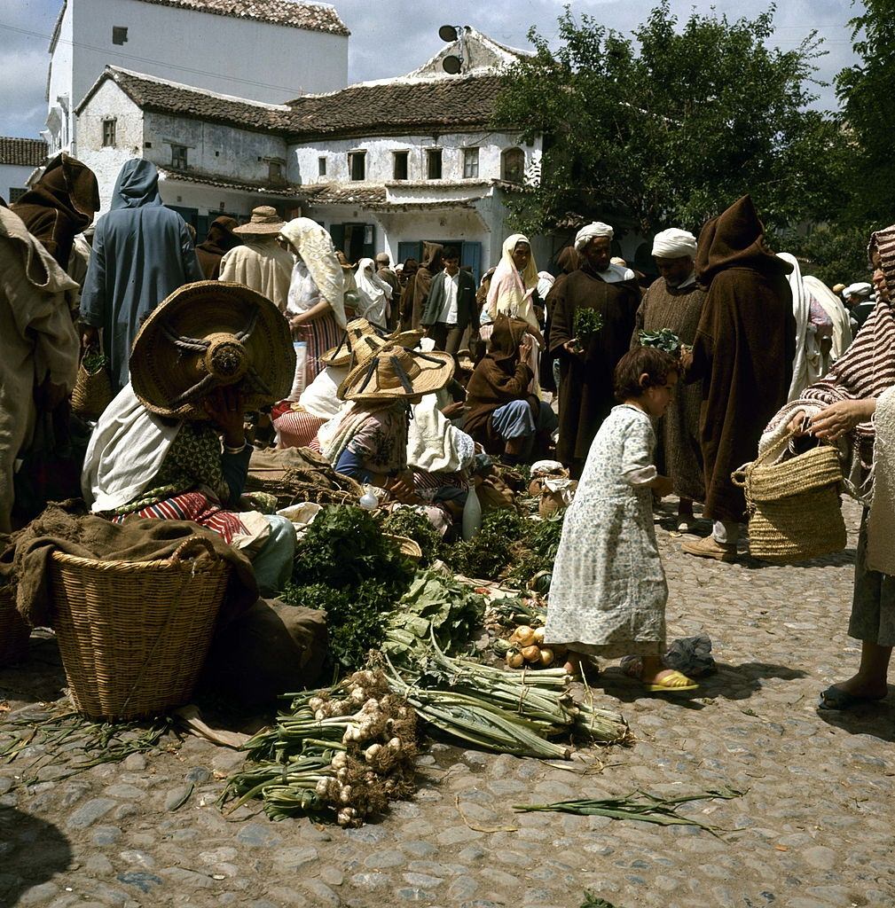 A fruit and vegetable market in Chechaouen, Morocco, 1961.