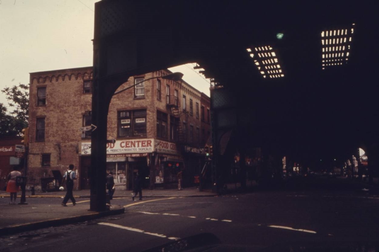 Elevated train tracks at Bushwick Avenue in Brooklyn, 1974.