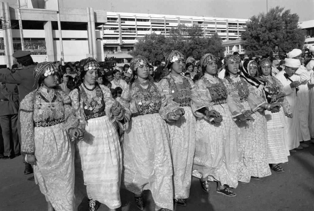 Dancers in traditional clothes in Marrakech in March 1976, Morocco.