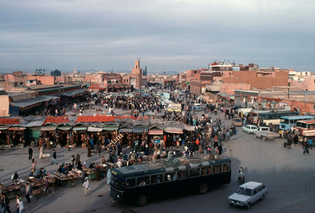 The market on Jemaa el-Fna square in Marrakech, in February 1979, Morocco.
