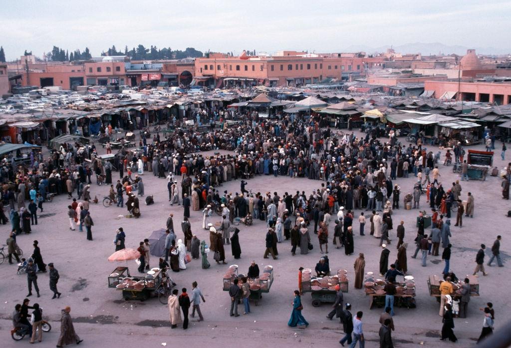 The market on Jemaa el-Fna square in Marrakech, in February 1979, Morocco.
