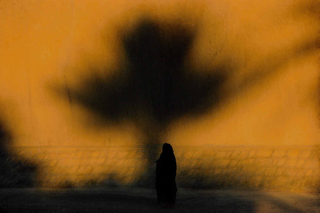 Shadows of palmtrees on the ramparts of a village near the town of Erfou, 1976.