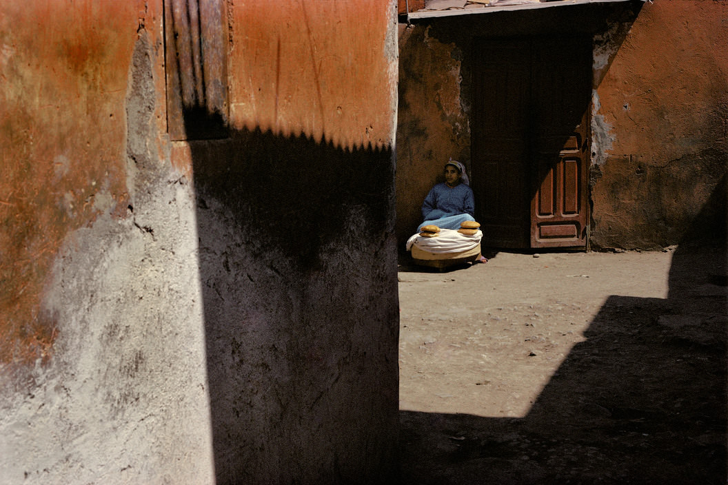 A bread vendor in Marrakech, 1975.