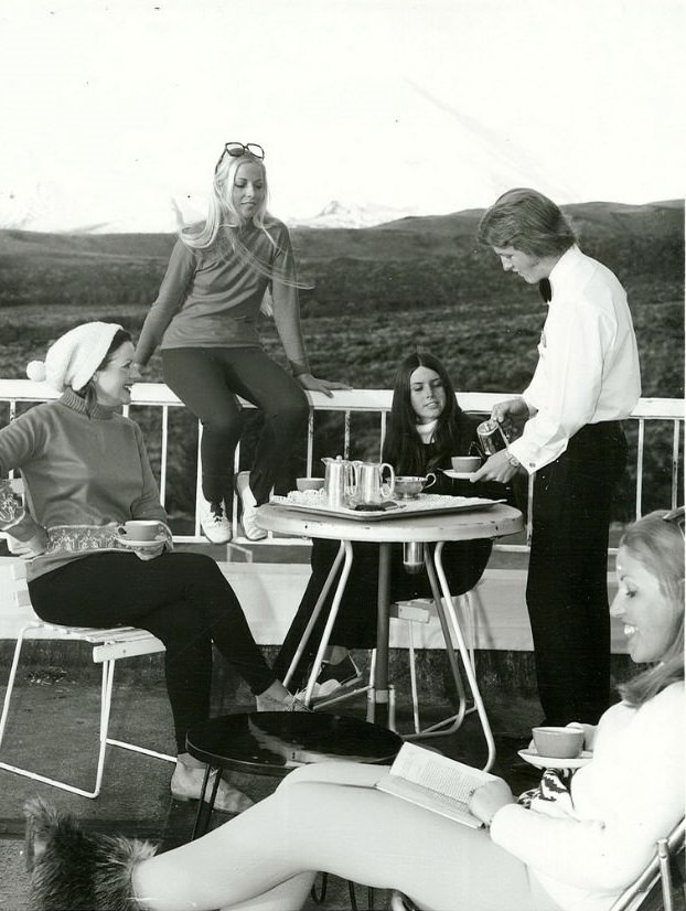 Afternoon teatime. Mount Ngauruhoe in the background. Tongariro National Park, September 1972
