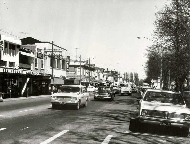 Main street in Ashburton in the spring, Canterbury Province, October 1972