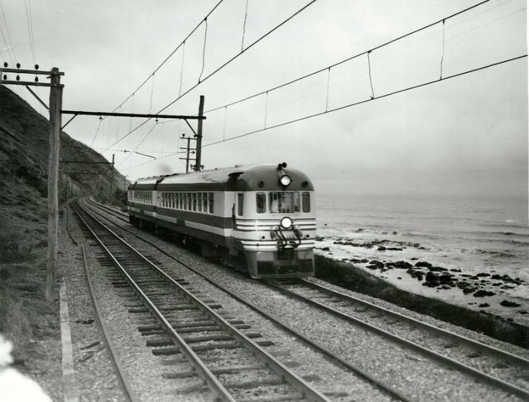 North Island New Zealand Blue Streak Rail Car travelling north between Pukerua Bay and Paekakariki main trunk line to Auckland, July 1972