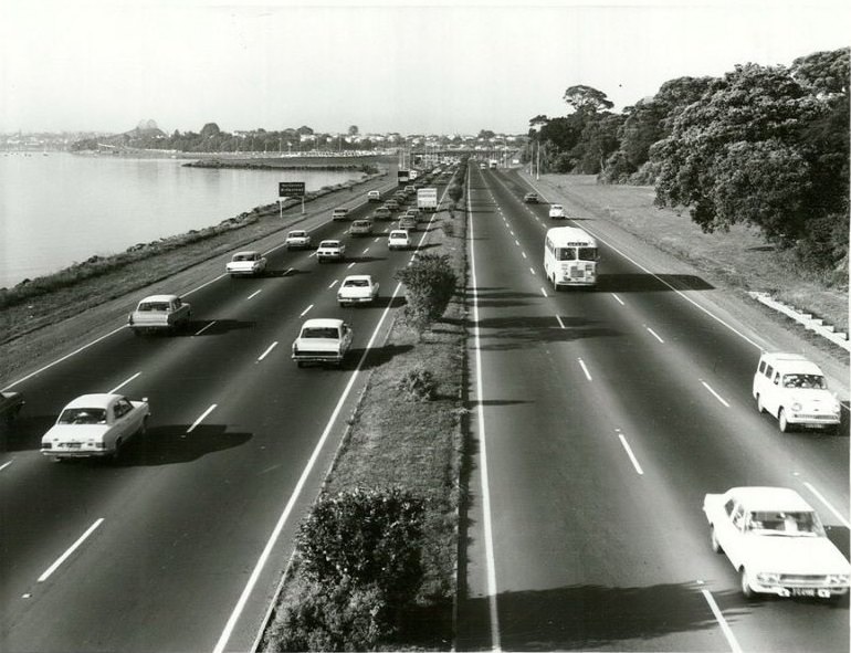 Morning traffic on northern motorway, Auckland, December 1975