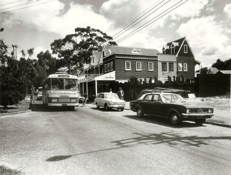 Shops across from Rotorua International Hotel at Whakarewarewa, Rotorua, January 1975