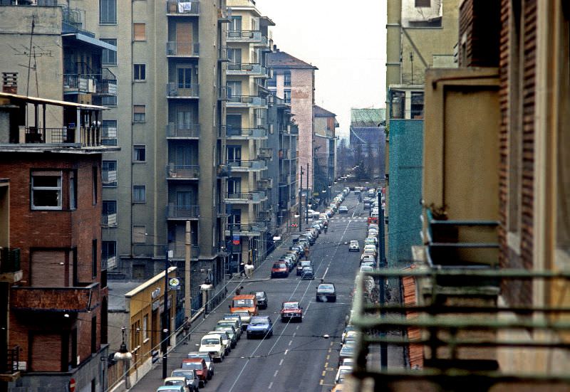 Via Sismondi looking east, Milan, 1983