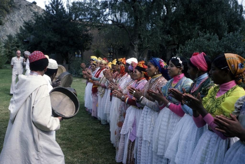 Bendir players and dancers at a traditional Berber gathering in Morocco, 1980.