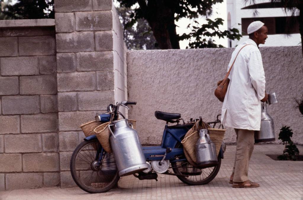 Motorcycle milk seller in Rabat, 1980.
