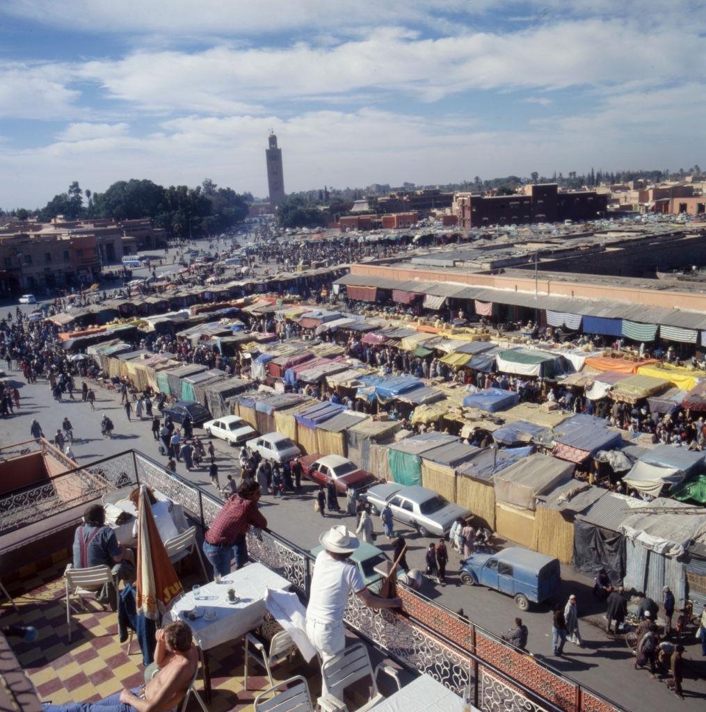 The market on Jemaa el-Fna square in Marrakech, in 1980, Morocco.