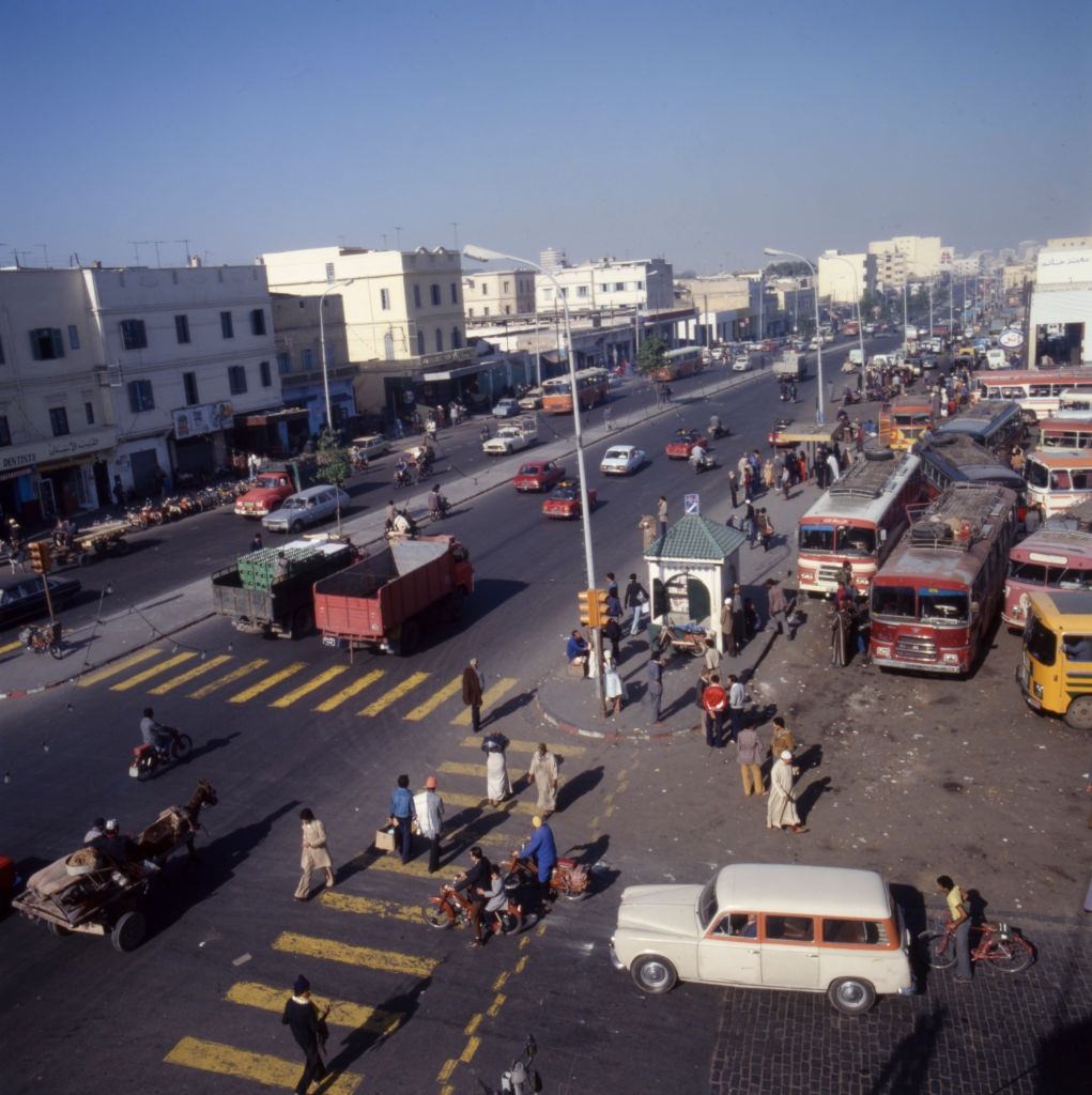 Traffic on an avenue in Casablanca, Morocco. January 1980.