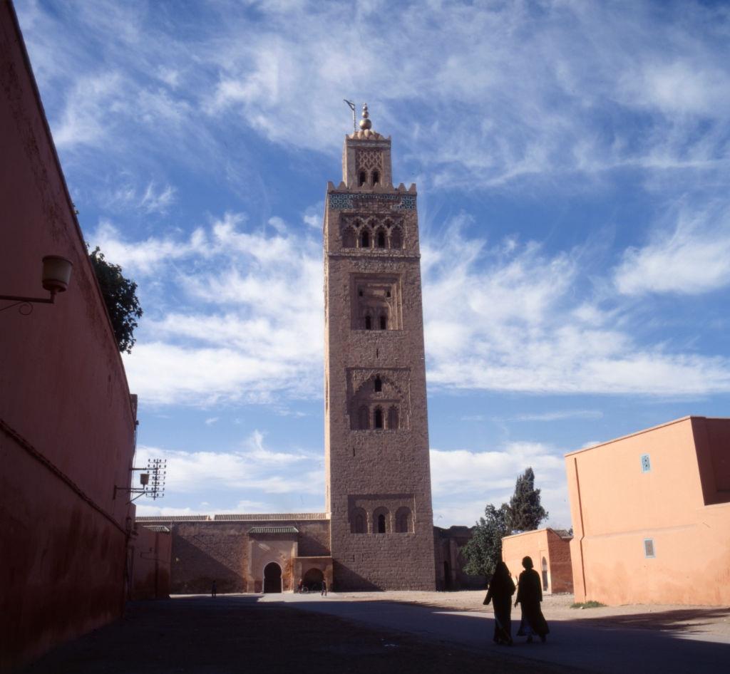View of a minaret of the Golden Apple Mosque (El Mansour) in Marrakech, 1980.