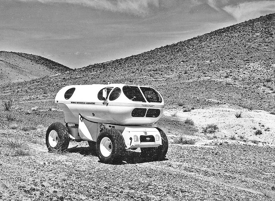 The Mobile Geological Laboratory, or MOLAB, an early-concept lunar vehicle, tests at Merriam Crater, northeast of Flagstaff, Arizona, in 1966.