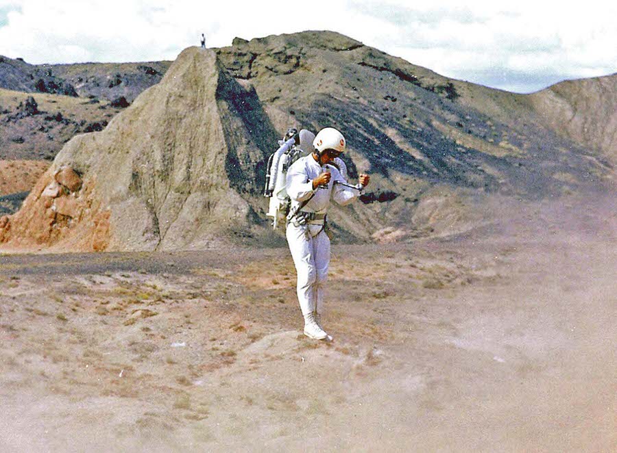 A demonstration of the rocket belt made by Bell Aerosystems, during Apollo training.