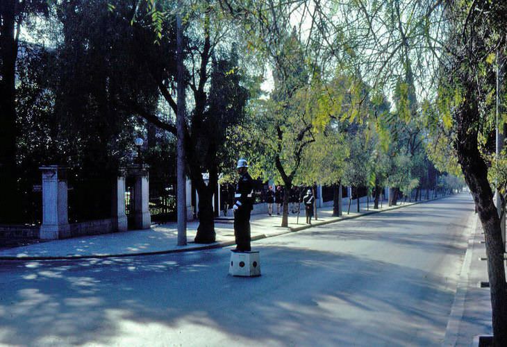 Policeman directing traffic on Herod Attikou Street by the King's Palace.